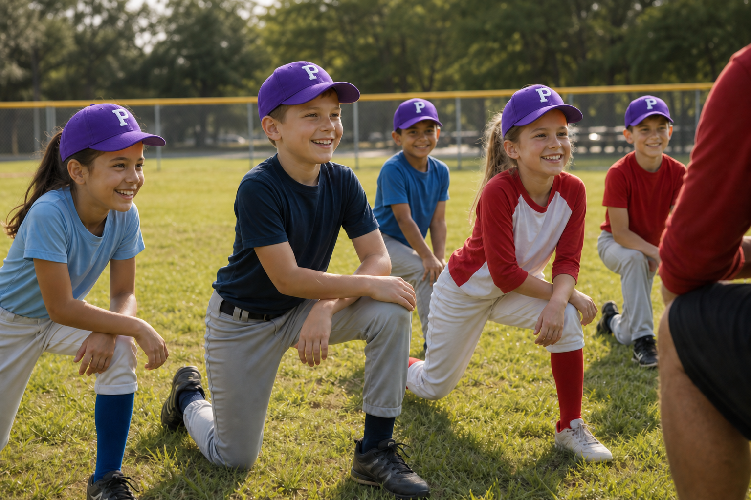 Young kids in purple P hats practicing on a sunny field